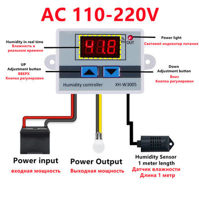 XH-W3005 DC 12V-220V 10A جهاز التحكم الرقمي بالرطوبة 0-99 RH نظام مراقبة المدى