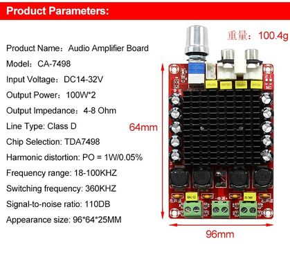 CA-7498 DC14-34V لوحة مكبرات القناة المزدوجة الطبقة D 2 * 100W الإلكترونيات الذكية TDA7498