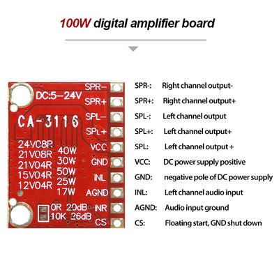 وحدة تضخيم الطاقة TPA3116D2 ذات القناة المزدوجة 50W مع DC 4.5V ~ 24V وبدون ضوضاء POP لوحة ستيريو الصوتية