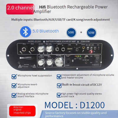 D1200 2.0 قناة 50W + 50W BT لوحة مكبرات رقمية 12 فولت قابلة لإعادة الشحن لسيارة استخدام DJ المنزل