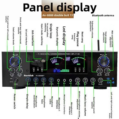مضخم صوت مسرح منزلي احترافي AV-8888BT 7.1 قناة بقوة 2000 واط بتقنية البلوتوث، نظام صوت محيطي KTV منزلي لاسلكي