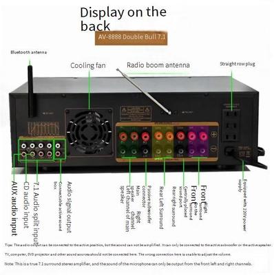 مضخم صوت مسرح منزلي احترافي AV-8888BT 7.1 قناة بقوة 2000 واط بتقنية البلوتوث، نظام صوت محيطي KTV منزلي لاسلكي