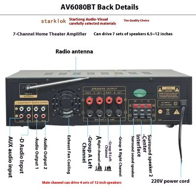 AV-6080BT 1000W مكبر مقاومة ثابت 7 قنوات منزل سيارة مقاطع معدنية USB فلاش بطاقة SD BT لاعب لاسلكي عالمي