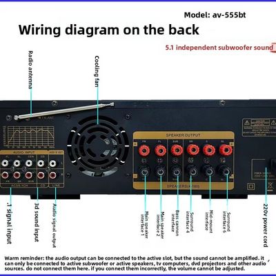 مضخم طاقة AV-555BT احترافي 5.1 قناة مع طيف ديناميكي، مضخم صوت منزلي عالي الطاقة 600 واط مع هيكل معدني