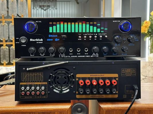 مضخم طاقة AV-555BT احترافي 5.1 قناة مع طيف ديناميكي، مضخم صوت منزلي عالي الطاقة 600 واط مع هيكل معدني