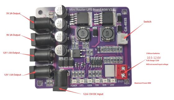لوحة مصدر طاقة غير منقطعة لجهاز التوجيه المصغر CA-403S مع خرج 40 واط ومدخل بطارية 11.1 فولت وحماية من الدائرة القصيرة