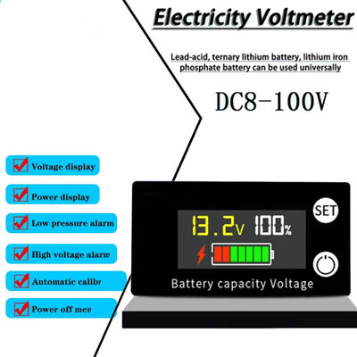 DC 8V-100V Battery Capacity Indicator Lead Acid Lithium LiFePO4 Voltmeter Car Motorcycle 12V 24V 48V 72V 84V Temperature+alarm